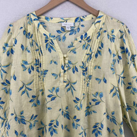 J.JILL Top PM Petite Love Linen Watercolor Printed Pintuck 3/4 Sleeve Yellow - Picture 3 of 13